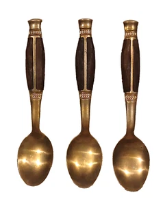 JUEGO DE 3 CUCHARAS PEQUEÑAS DE ORO VINTAGE MANGOS DE MADERA TAILANDIA - Imagen 1 de 8