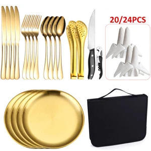 Juego de cubiertos de camping de 24 piezas Juego de cubiertos de oro portátiles Bolsa de picnic para exteriores  - Imagen 1 de 10