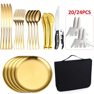 Juego de cubiertos de camping de 24 piezas Juego de cubiertos de oro portátiles Bolsa de picnic para exteriores  - Imagen 1 de 4
