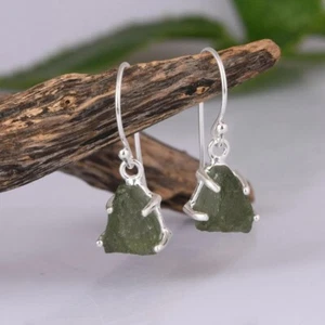 Natural Czech Moldavite Gemstone Dangle Drop Earrings Handmade Silver Jewelry - Picture 1 of 7