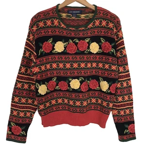 VTG Sweater Womens M Red Hand Embroidery Floral Argyle Herman Geist? Boho Granny - Picture 1 of 6