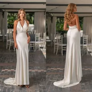 Wedding Satin Dresses Sleeveless Elegant Sheath V Neck Backless Sweep Train New - Picture 1 of 17