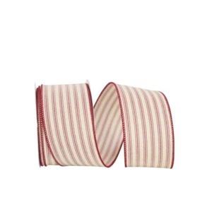 Red on Cream Stripe Ticking 2.5" by 2 yard Wired Ribbon Country Farmhouse - Picture 1 of 3