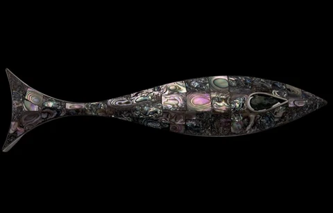 Los Castillo Modernist Large Fish Hardware Pull Handle Mother of Pearl Abalone Cover