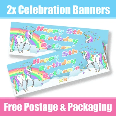 Personalised Unicorn Banners Birthday / Celebration  - Any Name & Age x 2 - Image 1 of 2