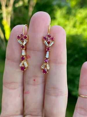 Round Cut Ruby & Lab Created Diamond Drop Dangle Earrings 14K Yellow Gold Fn - Image 1 of 4