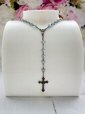 Rosary necklace silver tone cross necklace light blue heart bead necklace
