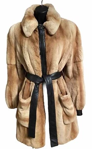 Made in Italy Natural Shredded Mink Coat AM by Tre B Leather Trim Belt Sz M/L - Picture 1 of 5