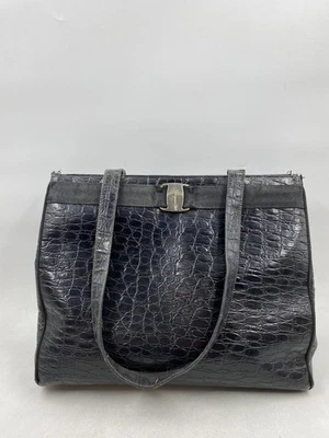 Salvatore Ferragamo Black Croc Embossed Leather Satchel Top Handle Bag - Image 1 of 4