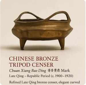 Antikes chinesisches Bronze Stativ Räuchergefäß, Chuan Xiang Bao Ding 傳香寶鼎 Mark, spätes Qing - Bild 1 von 10