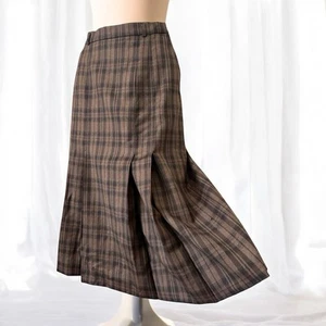 Burberrys vintage 90s brown wool tartan plaid midi A-line box pleat preppy skirt - Picture 1 of 18