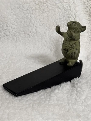 Vintage 5” Brass Green Mouse Wedge Door Stay Stop Black Wood Base Made in India - Image 1 of 4
