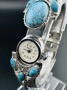 Rare Working Vintage Hinged Lucerne Bangle Mechanical Watch Turquoise Silver E3 - Picture 1 of 10