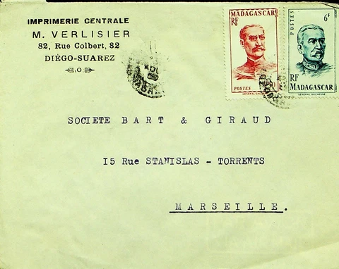 SEPHIL MADAGASCAR 1949 POST WWII 1f50+6f ON AIRMAIL COVER TO MARSEILLE FRANCE Cover