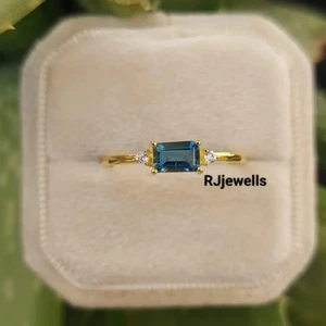 14K Yellow Gold Natural London Blue Topaz Ring Emerald Cut Blue Topaz Gold Ring - Picture 1 of 4