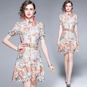 Stunning Exquisite Hollow Out Lace Floral Stand Collar Belted Office Party Dress - Picture 1 of 5