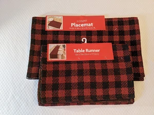 NWT Christmas Red and Black Buffalo Check Table Runner 2 Matching Placemats Gift - Picture 1 of 4