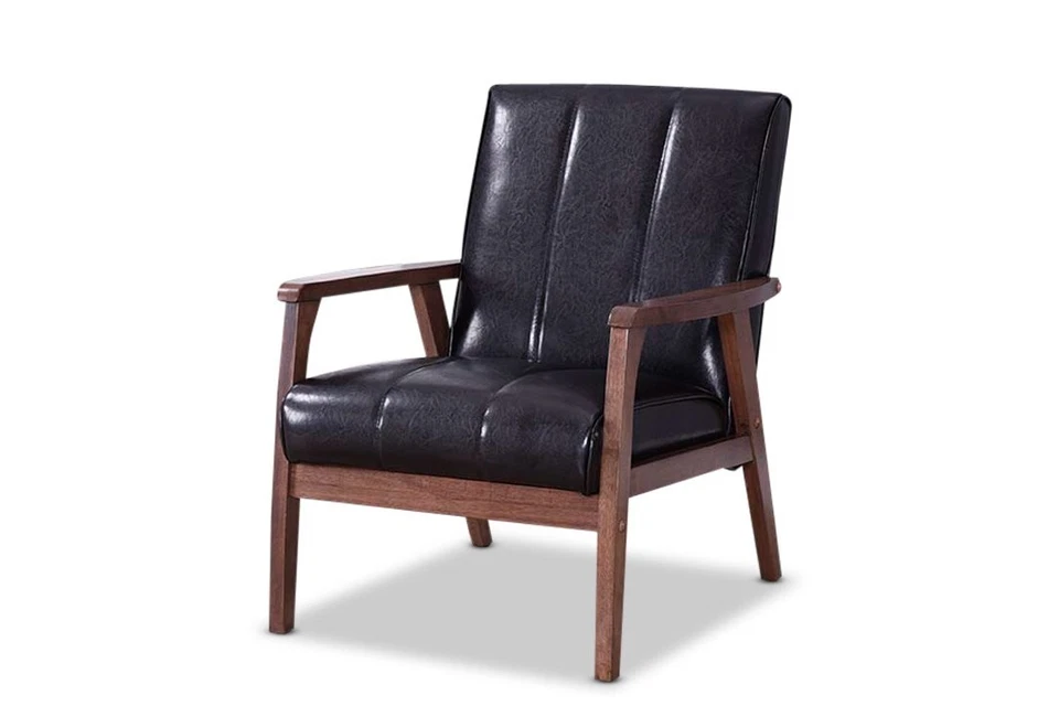 Baxton Studio Nikko Mid-century Modern Scandinavian Style Black Faux Leather Wooden Lounge Chair