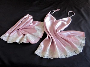 Pink Satin Cami Pyjamas French Knickers Set M Short PJs Camisole Sexy Panties - Picture 1 of 10
