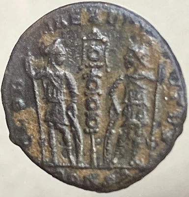 Moneda Romana Antigua Genuina 337-342 dC Emperador Constante 2 Soldados Ejercicio Gloria Foto 1 de 4