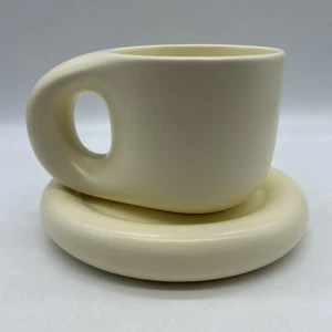 Chubby Fat Handle Coffee Tea Mug Cup Matching Oval Plate Saucer Cream Color - Picture 1 of 16