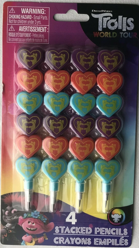 Lápices apilados Trolls World Tour nuevos contiene 4 favores de fiesta/revestimiento de medias Foto 1 de 2