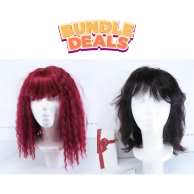 (LOTE 2) PELUCAS ROJAS Y NEGRAS ESTILO BOB CON FLEQUILLO SINTÉTICO Y MEZCLA DE CABELLO HUMANO *LEER POR FAVOR Foto 1 de 4