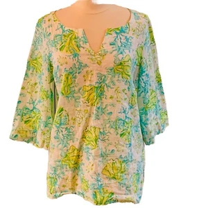 Blusa túnica de lino Jill Love M azul y verde estampado de tortugas marinas *defecto leer - Imagen 1 de 9