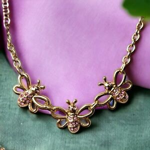 R.J Graziano Dainty Necklace Bumble Bee You Can Do It Gold Tone Pink CZ 14-18"