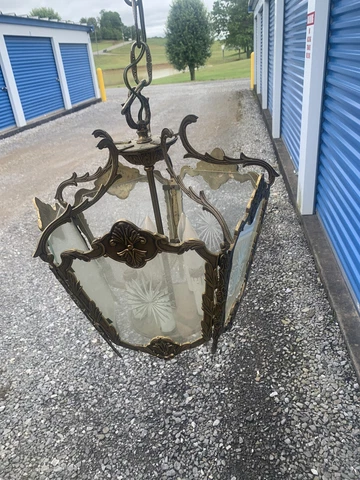 Rare 1960’s Hollywood Regency Brass Etched Glass Foyer Chandelier Light Heavy Cover