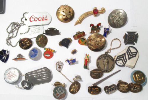 Collection Junk Drawer Military Fraternity Lot Pin Backs Dog Tags Vintage
