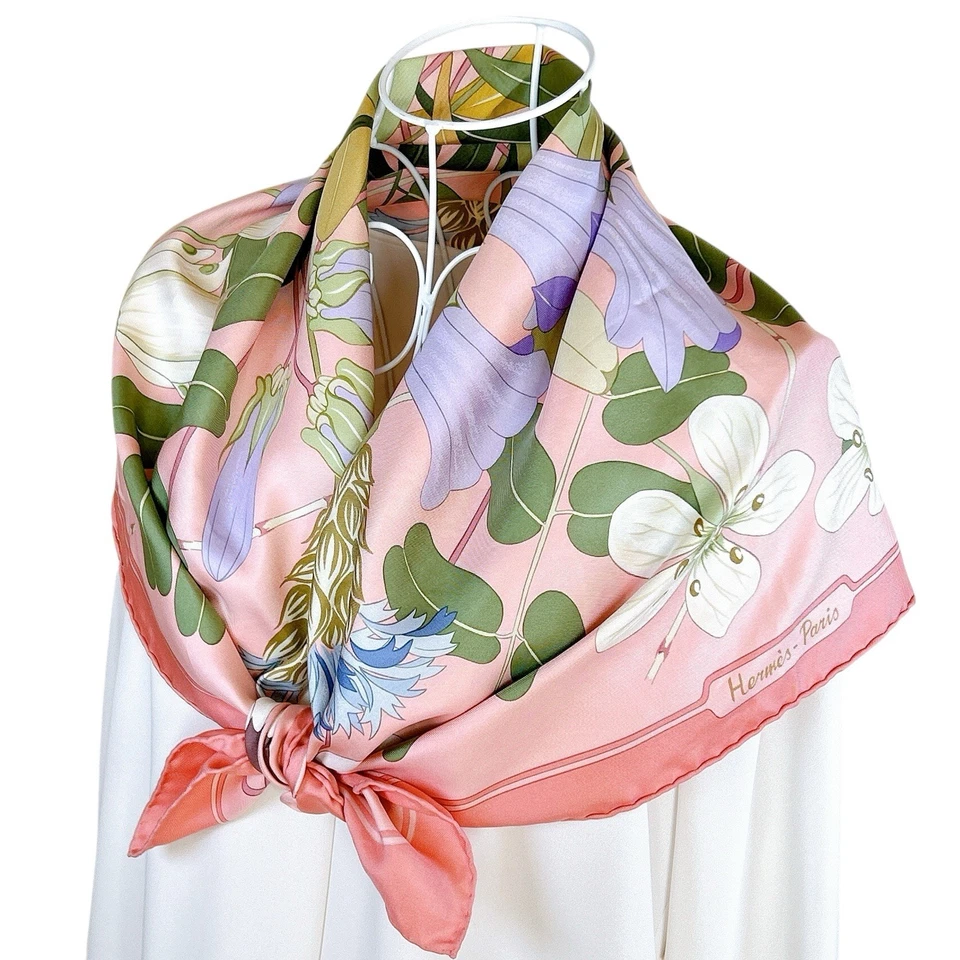 Vintage HERMES Carre 90 Silk Scarf "Flora Graeca" Seibu 50th Anniv. Pink Used - Image 1 of 4
