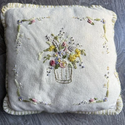 VTG Embroidered Pillow 10x9 Floral Cottage core Grandmillennial Chic - Image 1 of 4