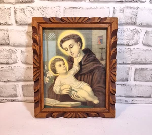 Vintage Heiliger Antonius von Padua hält das Christkind Druck im Holzrahmen 9,5x12" - Bild 1 von 8
