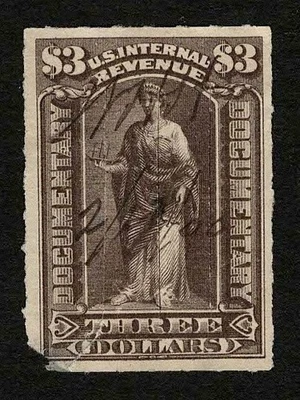 US Revenue 1898 R174 Documentary $3 Brown Commerce Tax Stamp Cut Cancel Used - Image 1 of 2