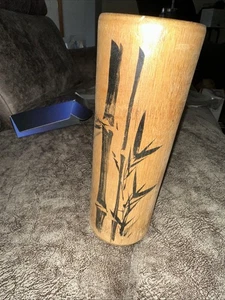 Japanese Bamboo Flower Vase Natural Wood Black Design 7 Inch Hi Vintage - Picture 1 of 4
