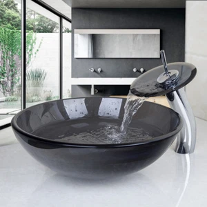 US Black Bathroom Glass Vessel Basin Sinks Bowl Brass Mixer Waterfall Faucet Set - Picture 1 of 12