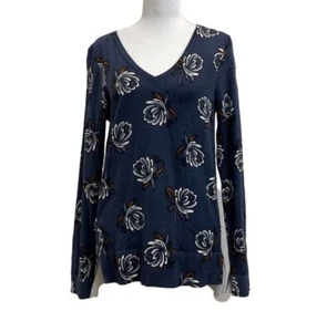 Ann Taylor LOFT 100% Cotton Blue Floral V-Neck Long Sleeve Knit Top sz S Classic - Picture 1 of 11