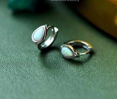 Hoop Women Earring 1.20Ct Pear Cut Lab-Created Fire Opal 14K White Gold Plated - Image 1 of 4