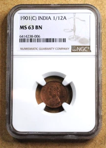 India British 1901-C 1/12A ANNA Copper Coin NGC MS63BN - Picture 1 of 4