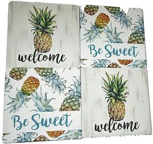 TROPICAL ~ Stoneware Coasters ~  SET OF 4 ~  WELCOME/BE SWEET ~ 4" X 4" - Picture 1 of 2