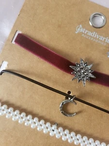 Stradivarius Choker Necklace Set Velvet Faux Pearl Classic Gothic Star Moon x3 - Picture 1 of 3