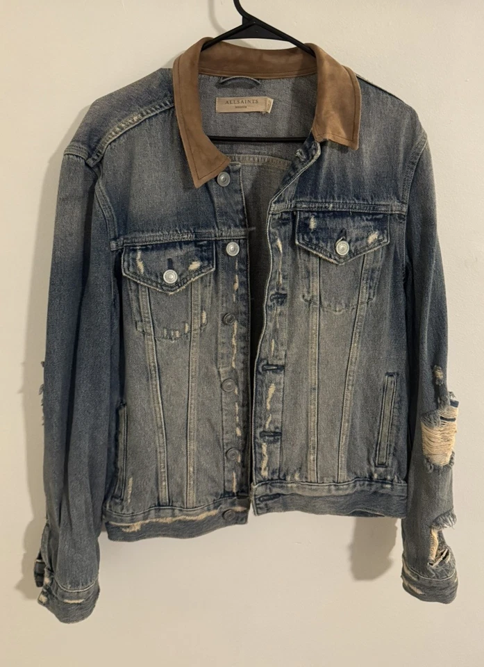 Chaqueta de mezclilla All Saints Distressed, cuello de gamuza, mediana para hombre Foto 1 de 2