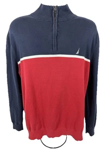 Nautica Quarter Zip Sweater XL Red Navy White Colorblock 100% Cotton - Picture 1 of 12