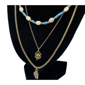 Lucky Brand Gold Tone Layered Necklace Shell Clover Pendant Stylish Boho Fashion - Picture 1 of 11
