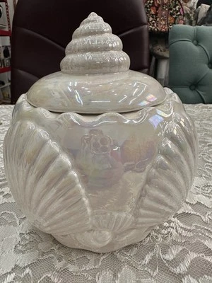 Vintage White Iridescent Coastal Cottage Shell  Lid Bowl 6.5” Tall Decor - Image 1 of 4