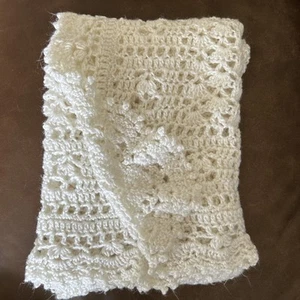 Handmade Crochet Baby Afghan Blanket White Scalloped Edging 44”x32” Swaddle - Picture 1 of 6
