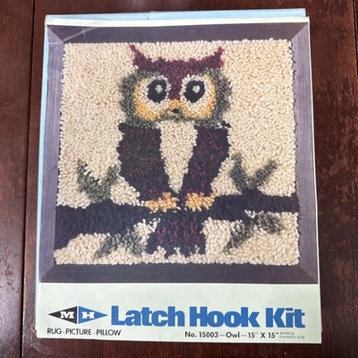MH Owl  Rug Picture Pillow 15”x15” Latch Hook Kit Vtg 1980 USA New Not Sealed  - Image 1 of 4