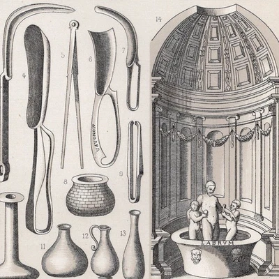 ROMAN BATHS & HYGIENE – Thermae Architecture, Tools, Vessels – 1876 Print - Image 1 of 2