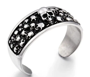 Men's Heavy Gothic Skull Skeleton 316L Stainless Steel 28MM Wide Cuff Bracelet - Picture 1 of 9